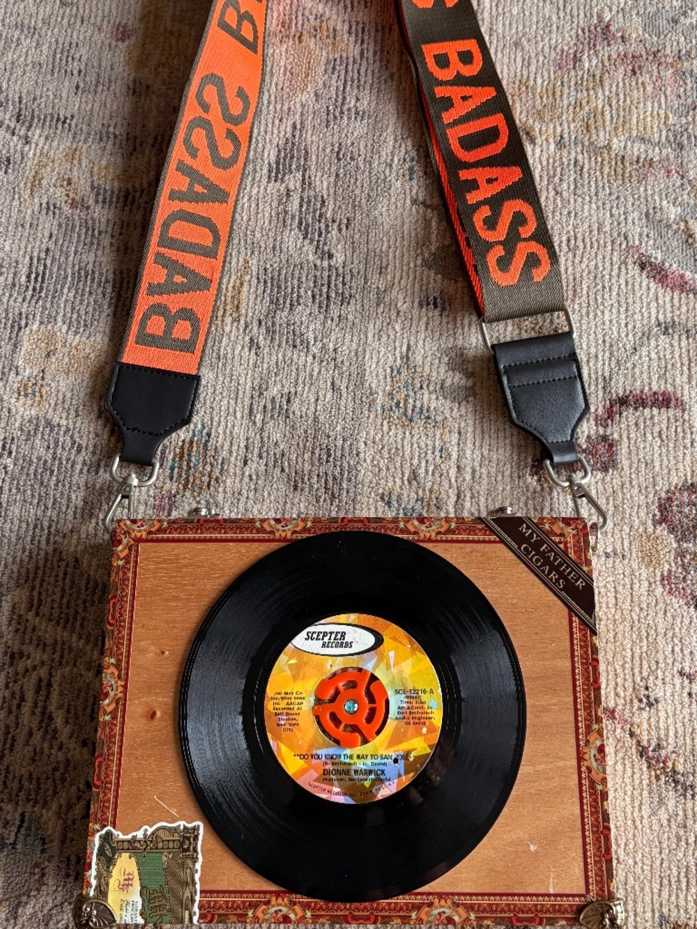 Cigar box record purse with guitar strap